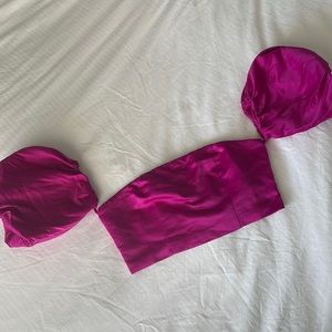 Fuschia Hot Pink Satin Off Shoulder Poofy Sleeve Cropped Tube Top with Zip